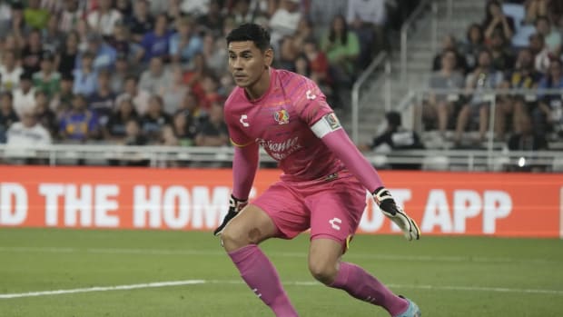 Aug 10, 2022; Saint Paul, MN, USA; Liga MX goalkeeper Oscar Ustari (5) of CF Pachuca defends during the 2022 MLS All-Star Game at Allianz Field. Mandatory Credit: Kirby Lee-USA TODAY Sports